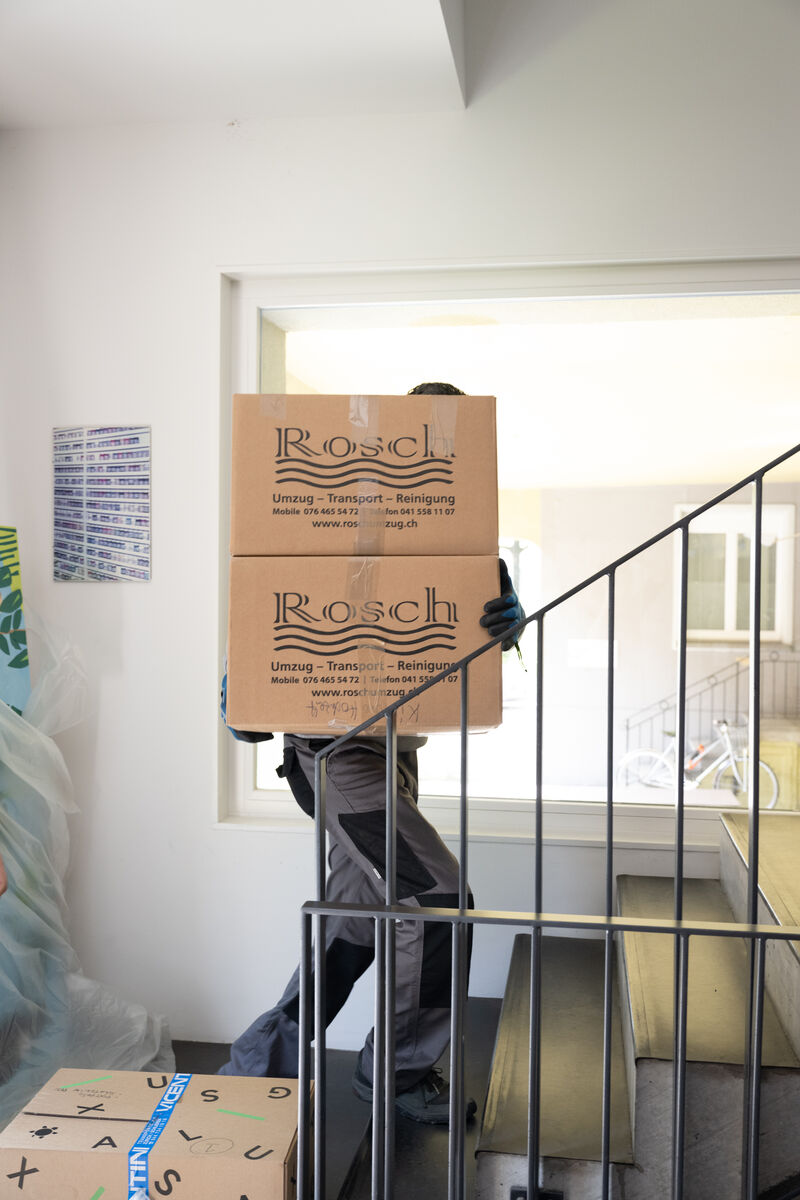 Mitarbeiter trägt Rosch-Kartons die Treppe hoch