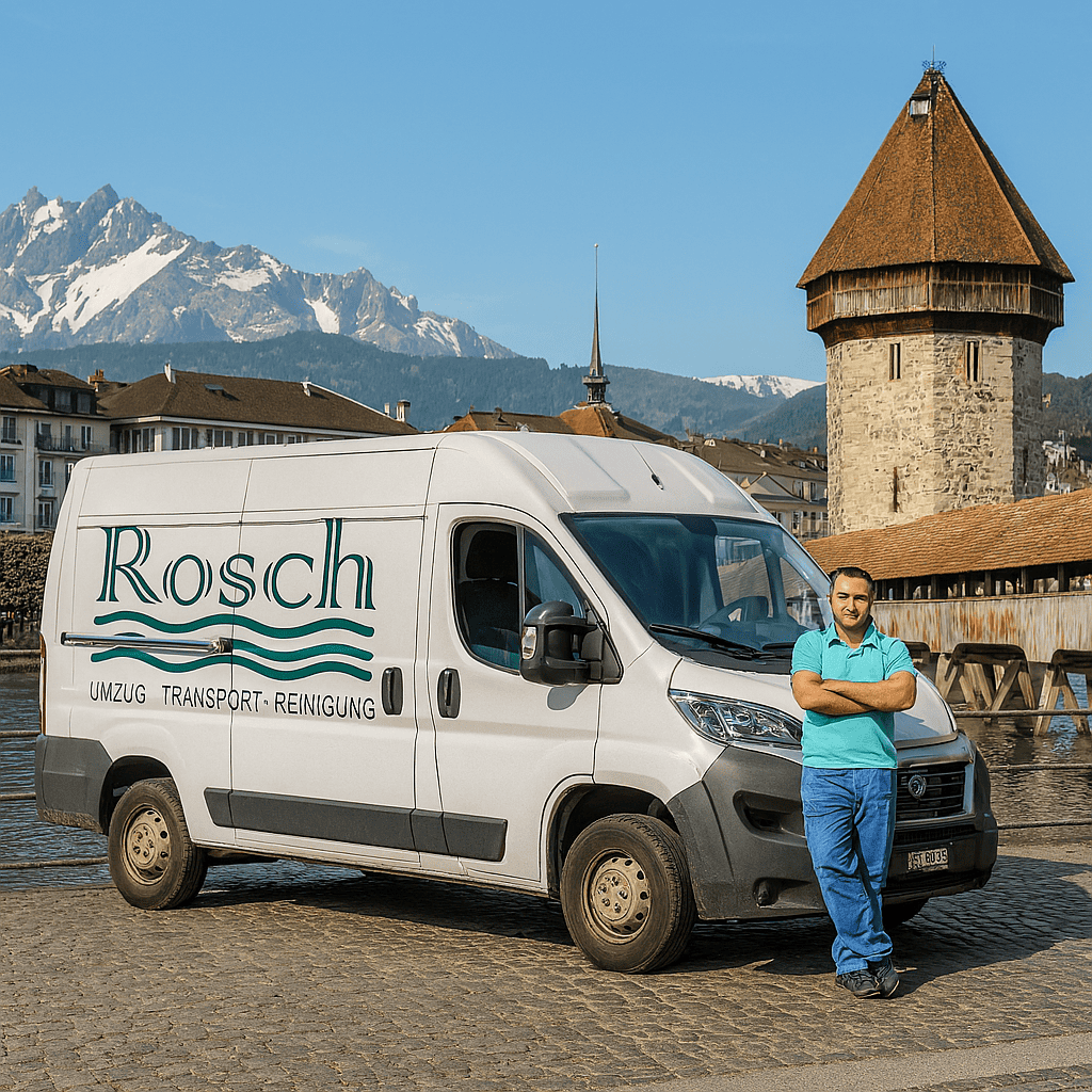 Bild von einem Zügelwagen der Firma Rosch Umzug vor der Kappelerbrücke in Luzern